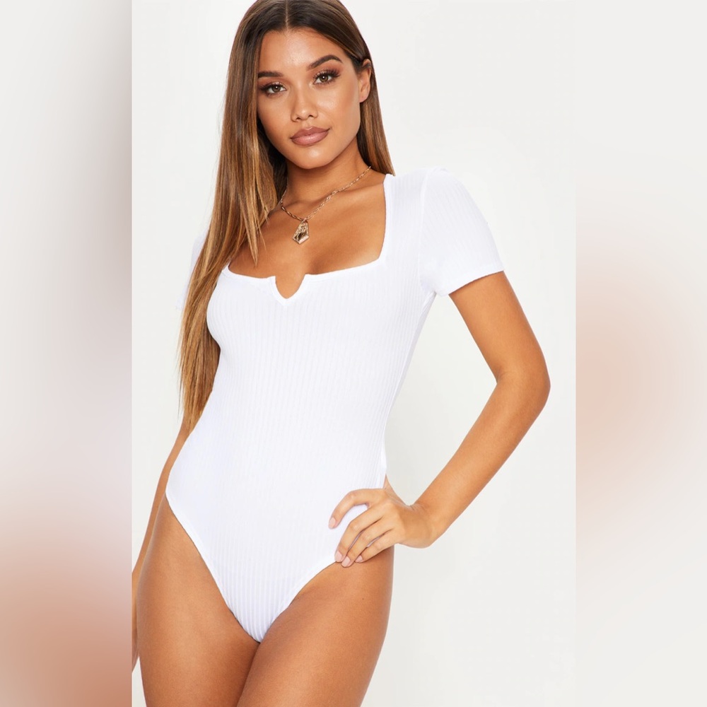 PrettyLittle Thing White Rib Short Sleeve Thong Bodysuit